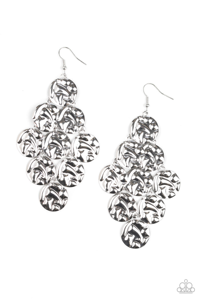 Embossed in a tactile pattern, glistening silver discs cascade from the ear, creating an edgy lure. Earring attaches to a standard fishhook fitting.  Sold as one pair of earrings.