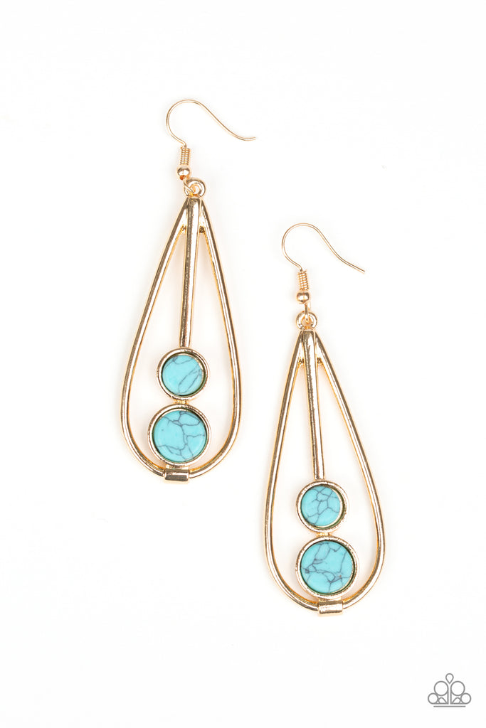 Featuring a faux marble finish, smooth turquoise stones are stacked in an airy gold teardrop frame for a seasonal flair. Earring attaches to a standard fishhook fitting.   Sold as one pair of earrings.