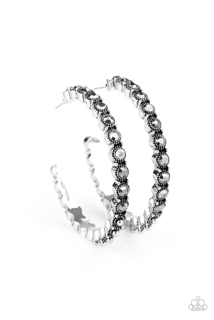 Rhinestone Studded Sass-Silver Hoop Earring-Hematite-Paparazzi - The Sassy Sparkle