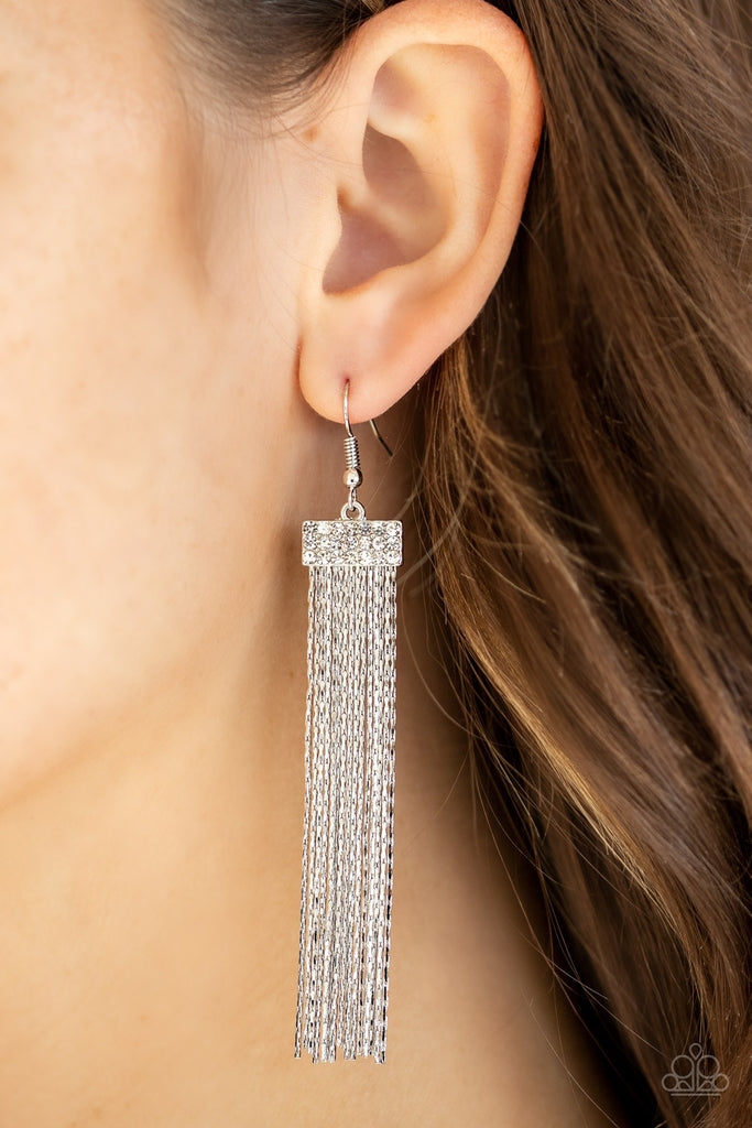 Twinkling Tapestry-White Earring-Paparazzi - The Sassy Sparkle