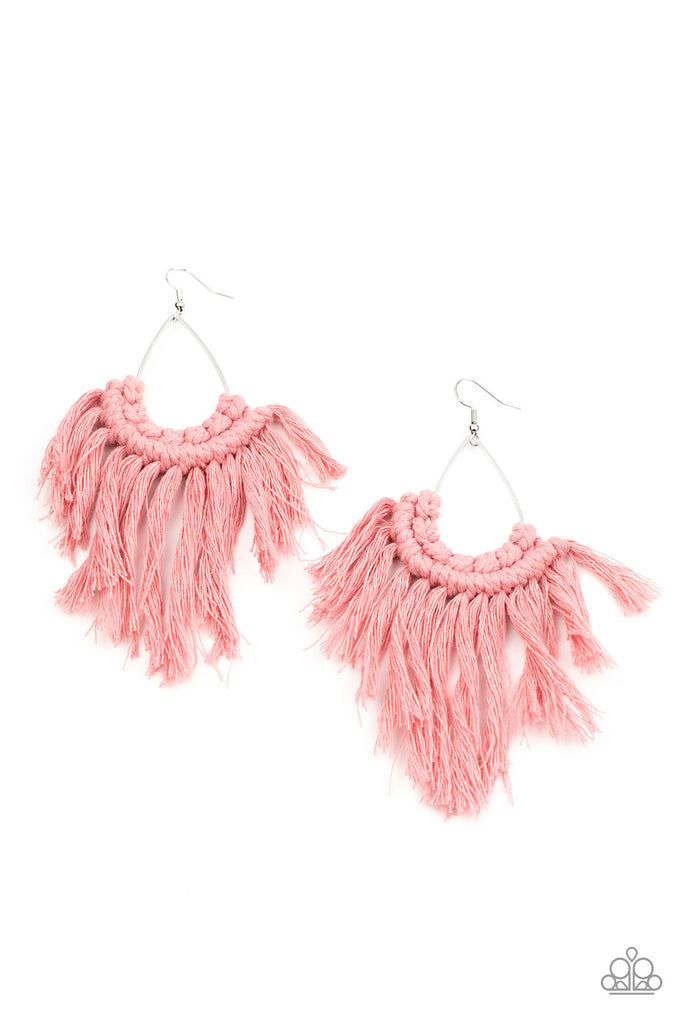 Wanna Piece of MACRAME?-Pink Earring-Fringe-$5 Paparazzi Jewelry - The Sassy Sparkle