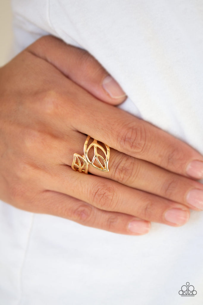 Brushed in a high-sheen finish, leafy gold bands curl around the finger in a seasonal fashion. Features a dainty stretchy band for a flexible fit.  Sold as one individual ring.