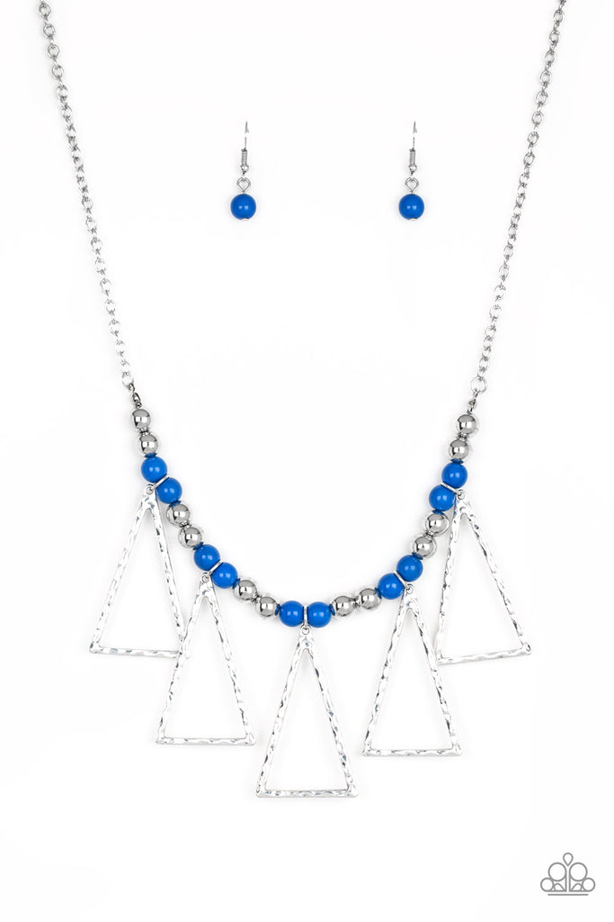 Terra Nouveau Blue Necklace A collection of shiny silver and refreshing blue beads are threaded along an invisible wire below the collar. Hammered triangular frames swing from the bottom of the colorful compilation, creating an artistic fringe. Features an adjustable clasp closure.  Sold as one individual necklace. Includes one pair of matching earrings.