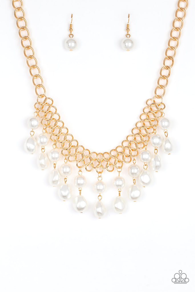 5th-avenue-fleek-gold A collection of classic and imperfect white pearls dangle from a web of interlocking gold links below the collar, adding a modern twist to the timeless palette. Features an adjustable clasp closure.  Sold as one individual necklace. Includes one pair of matching earrings.
