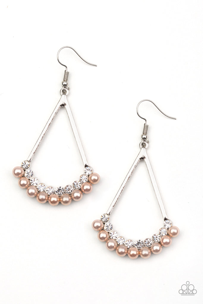 The bottom of a glistening teardrop frame is encrusted in rows of glassy white rhinestones and pearly brown beads for a refined finish. Earring attaches to a standard fishhook fitting.  Sold as one pair of earrings.