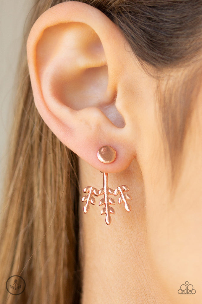 A flat shiny copper stud attaches to a double-sided post, designed to fasten behind the ear. Brushed in a high-sheen shimmer, the leafy double-sided post peeks out beneath the ear for a seasonal look. Earring attaches to a standard post fitting.  Sold as one pair of double-sided post earrings.