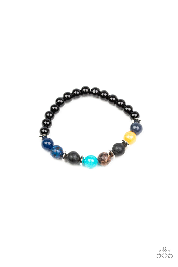 A refreshing compilation of shiny black beads, silver accents, and earthy stone beads are threaded along a stretchy band around the wrist for a seasonal look.  Sold as one individual bracelet.