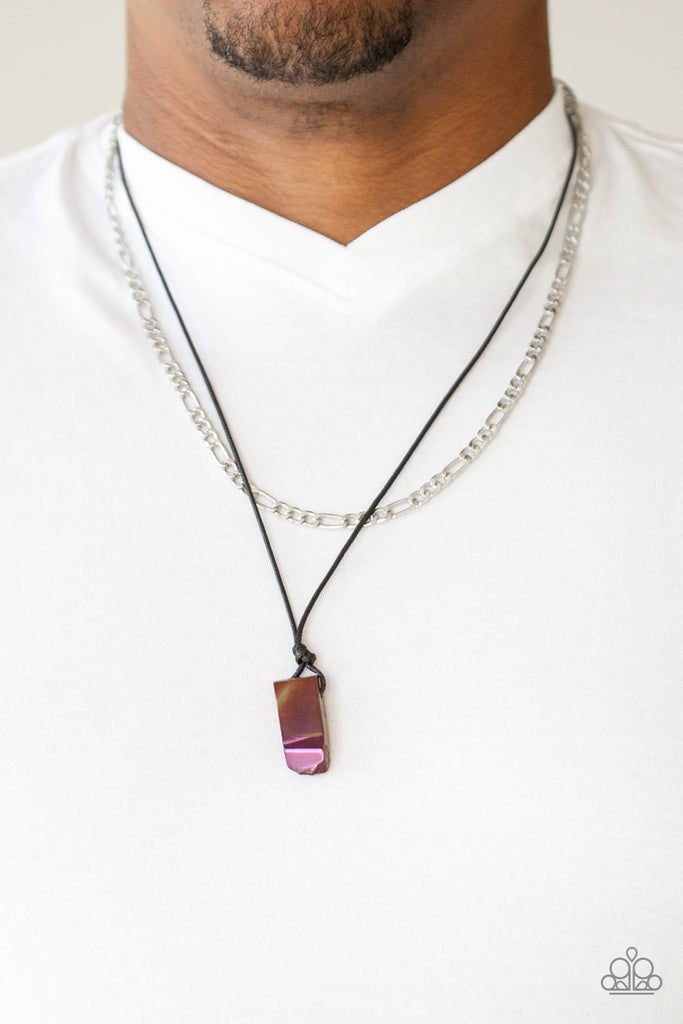 Featuring an oil slick finish, a metallic chunk of brown rock swings from the bottom of a black cord. A strand of silver chain is added, for an edgy urban look. Features an adjustable sliding knot closure. Size may vary.  Sold as one individual necklace.