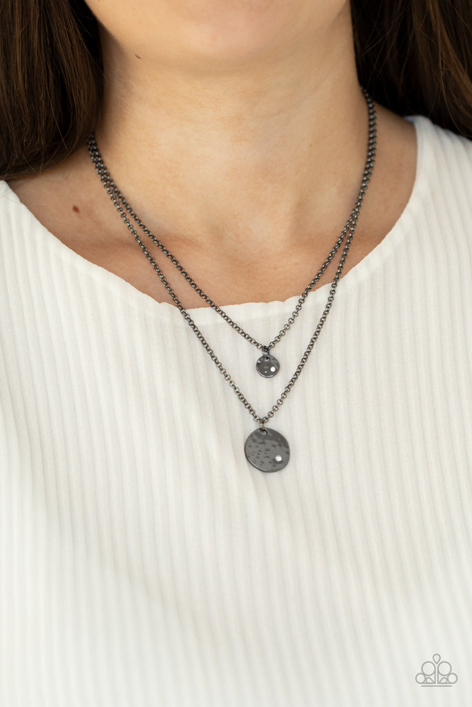 Dotted with dainty white rhinestones, a pair of hammered gunmetal discs delicately layer below the collar for a dainty look. Features an adjustable clasp closure.  Sold as one individual necklace. Includes one pair of matching earrings.  New Kit