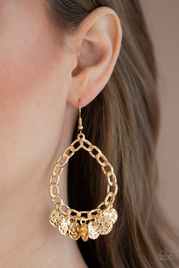 Hammered gold discs dangle from the bottom of a gold chain link teardrop, creating an edgy fringe. Earring attaches to a standard fishhook fitting.  Sold as one pair of earrings.