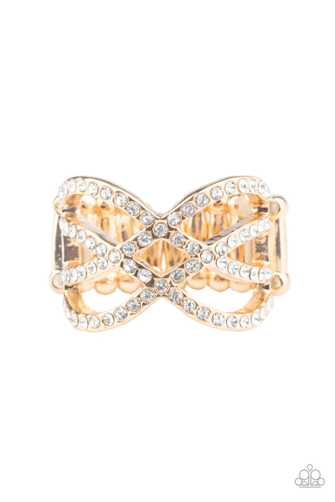 Cross Action Couture-Gold and Rhinestone Ring-Paparazzi - The Sassy Sparkle