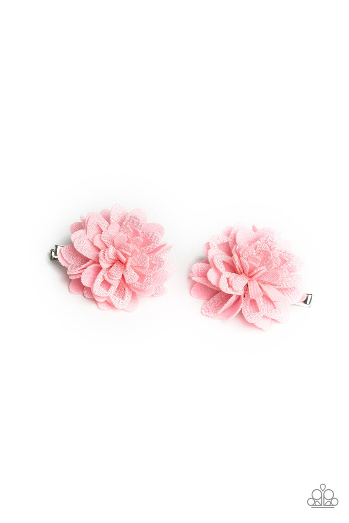 Folds of textured pink fabric gathers into a pair of dainty blossoms for a seasonal look. Each flower features a hair clip on the back.  Sold as one pair of hair clips.