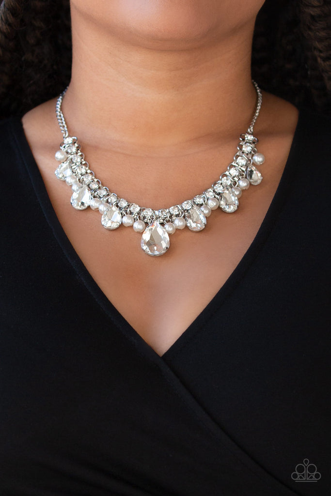 Knockout Queen-White Rhinestone and Pearl Paparazzi Necklace - The Sassy Sparkle