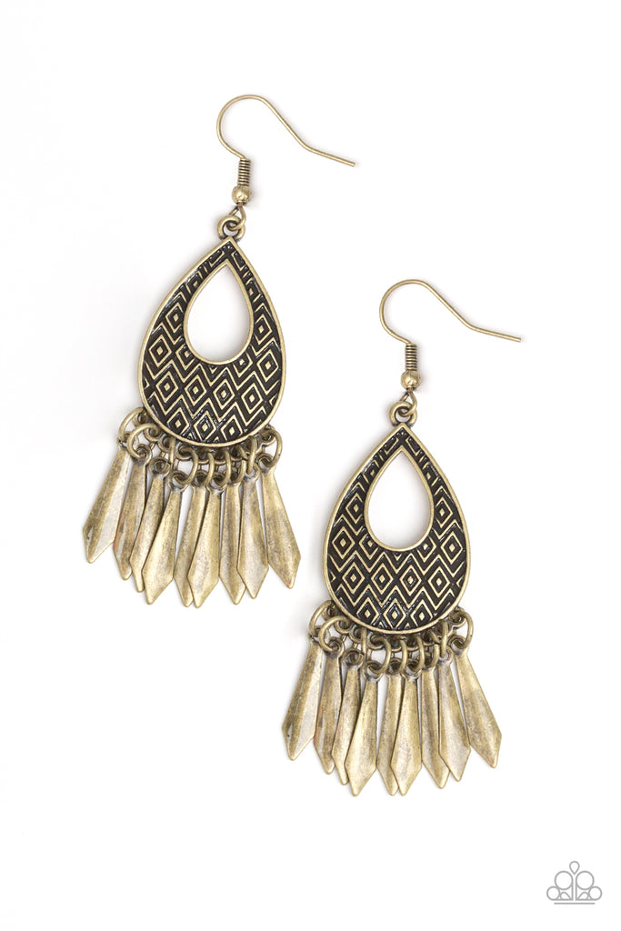 Embossed in a bold geometric pattern, a glistening brass teardrop frame gives way to a fringe of flared brass rods for a seasonal flair. Earring attaches to a standard fishhook fitting. Sold as one pair of earrings.