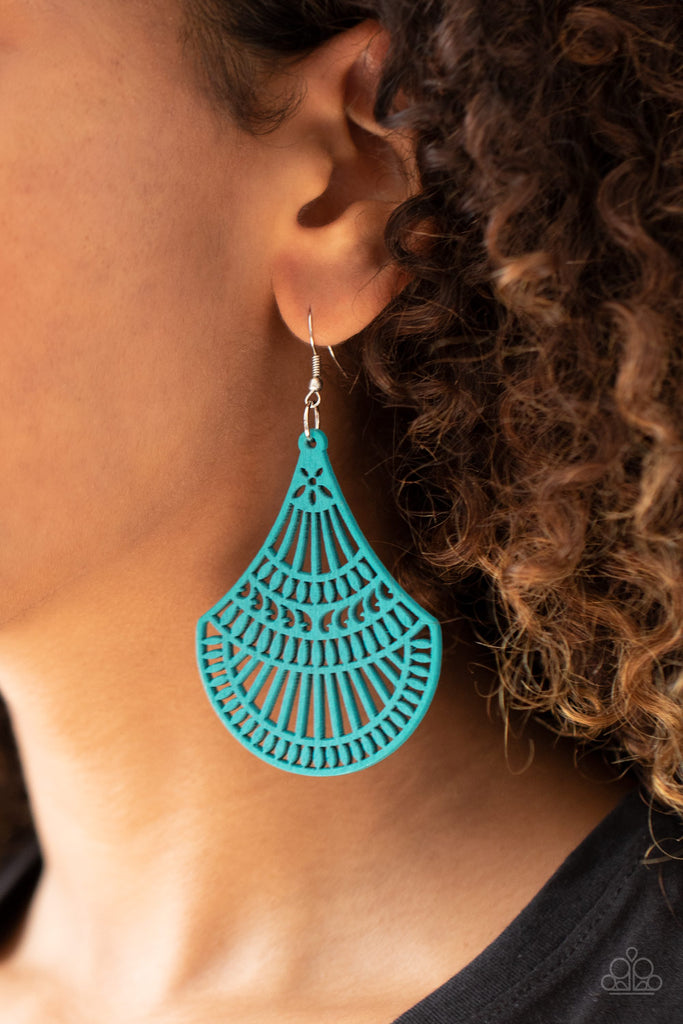 Painted in a refreshing blue finish, a wooden teardrop-like frame is cut into an airy stenciled pattern for a colorfully seasonal look. Earring attaches to a standard fishhook fitting.  Sold as one pair of earrings.