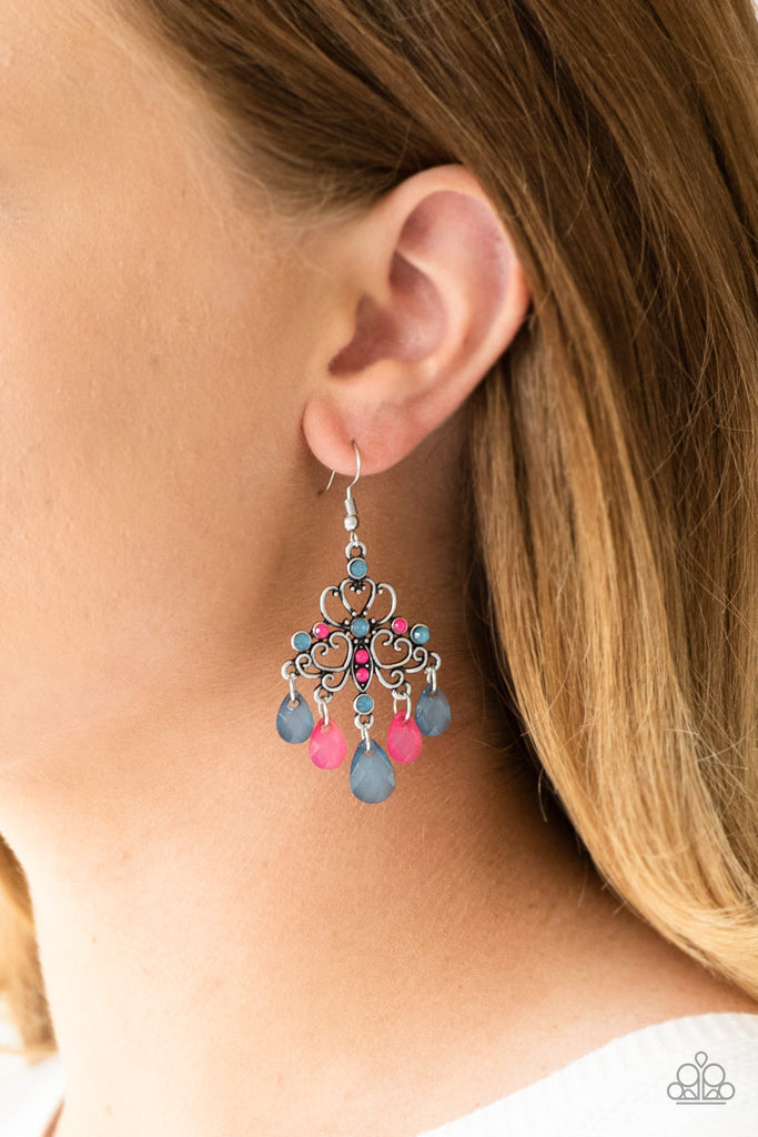 Cloudy blue and pink teardrops swing from the bottom of an ornate silver frame radiating with dainty blue and pink rhinestones for a whimsical look. Earring attaches to a standard fishhook fitting.  Sold as one pair of earrings.