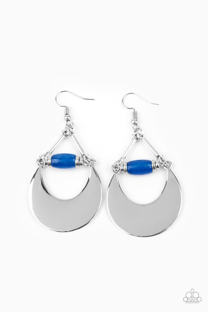 Mystical Moonbeam Blue Earring A silver crescent frame swings from the bottom of a silver and blue stone beaded fitting, creating a mystical display. Earring attaches to a standard fishhook fitting.  Sold as one pair of earrings.