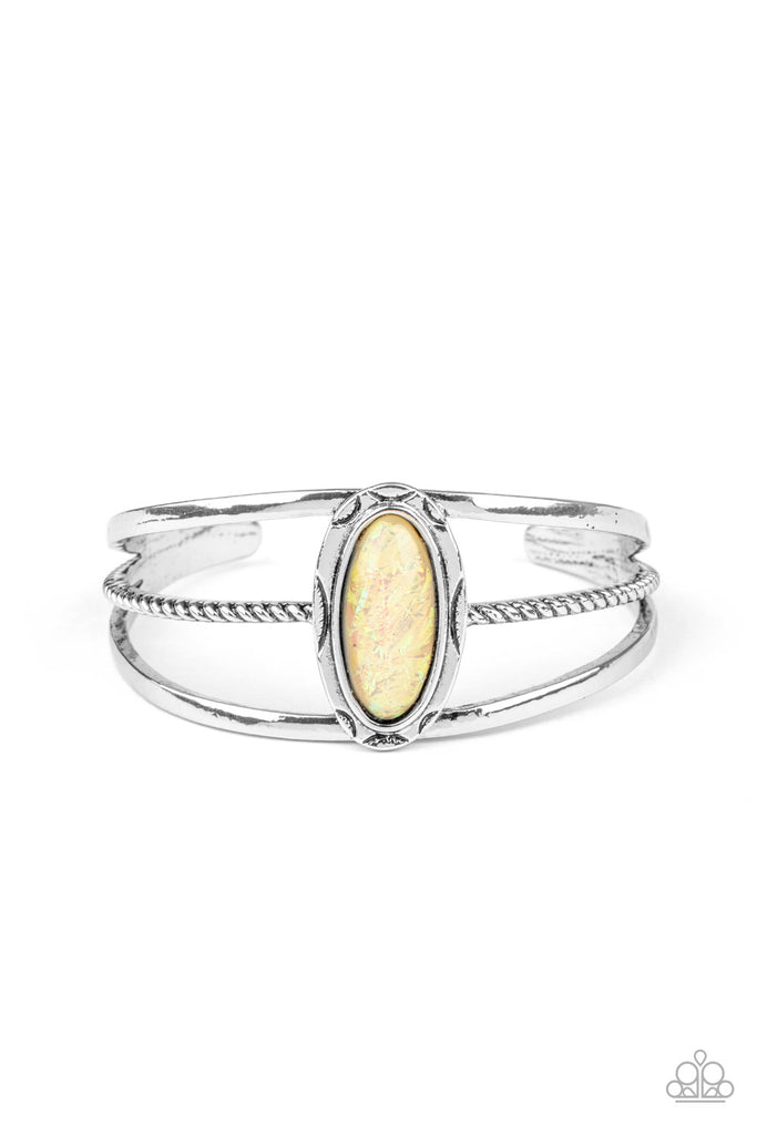 Dotted with sunny yellow beads, studded floral and metallic rope-like silver frames are threaded along a stretchy band around the wrist for a colorfully bubbly fashion.  Sold as one individual bracelet.