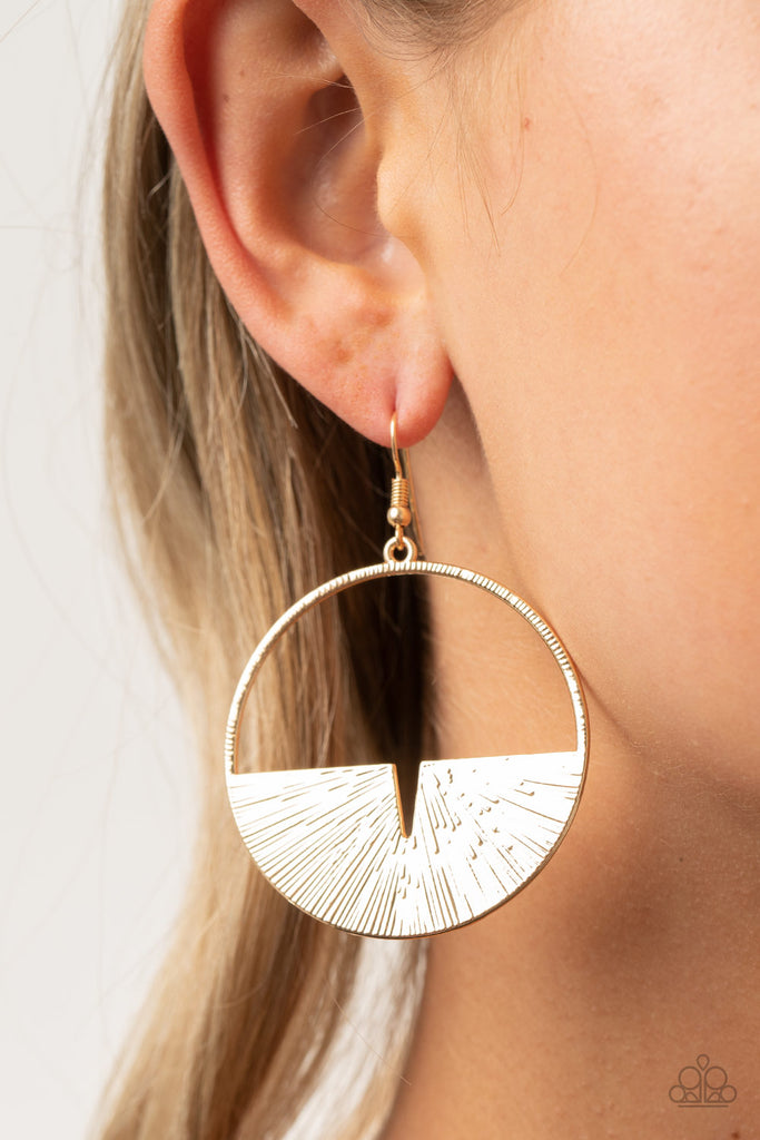Embossed in radiant linear textures, a crescent gold frame is nestled along the bottom of a textured gold hoop for an edgy look. Earring attaches to a standard fishhook fitting.  Sold as one pair of earrings.