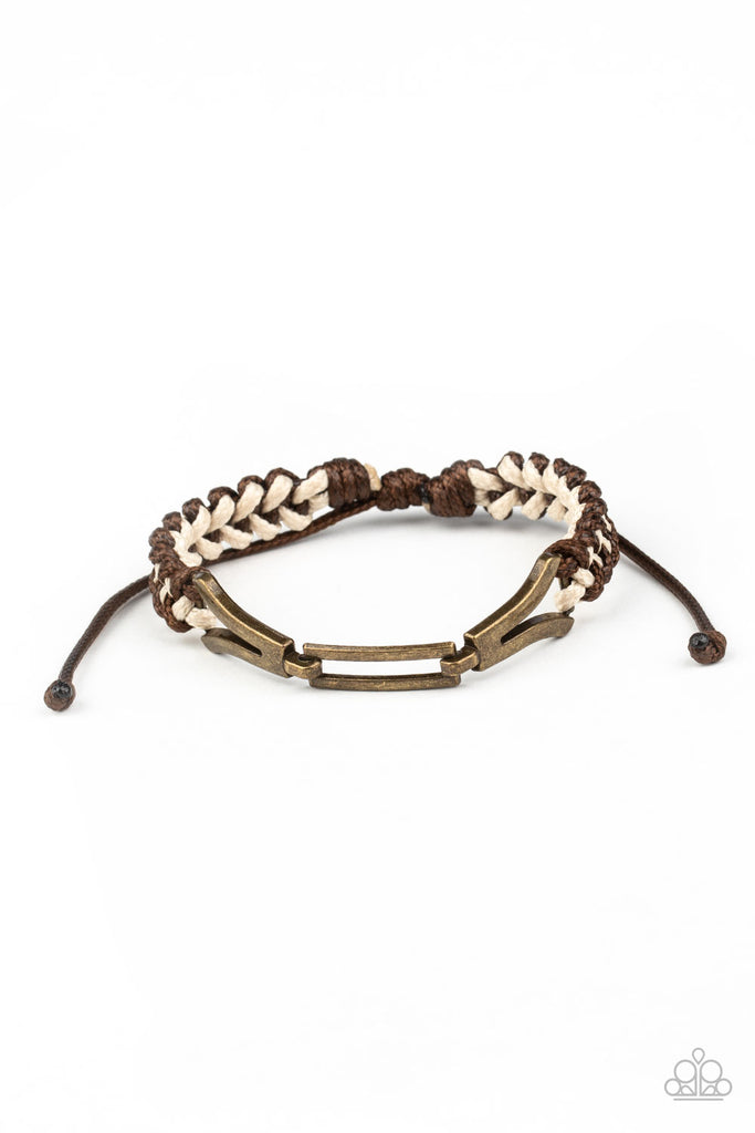 Braided strands of brown and white twine-like cording knot around interlocking brass frames, creating an edgy urban centerpiece around the wrist. Features an adjustable sliding knot closure./P>  Sold as one individual bracelet.  