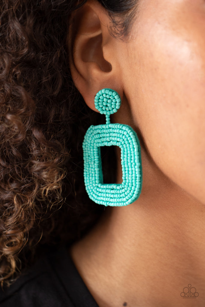 Refreshing rows of dainty turquoise seed beads adorn the front of a rounded square frame at the bottom of a matching beaded fitting, creating a blissfully beaded look. Earring attaches to a standard post fitting.  Sold as one pair of post earrings.
