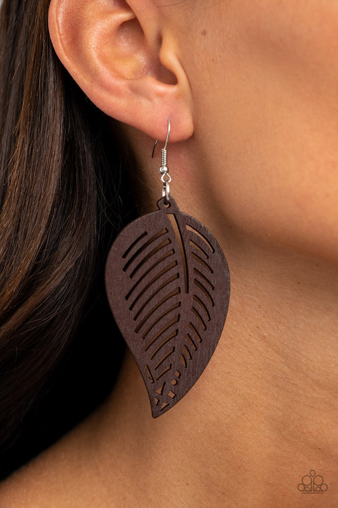 Tropical Foliage - Brown Wood Earring-Paparazzi