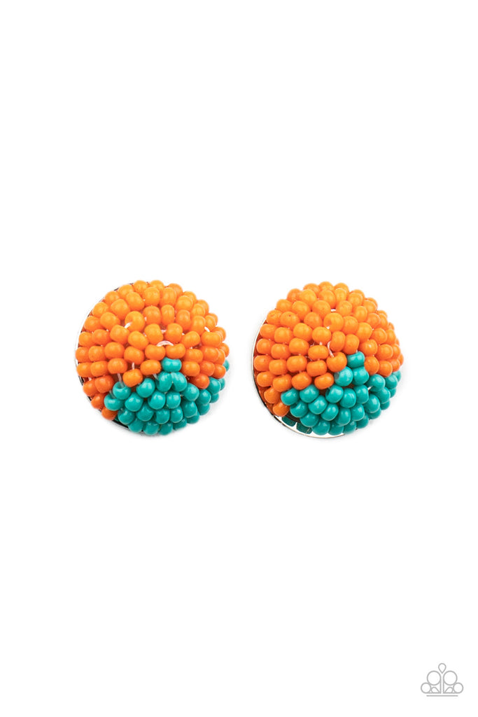 A dainty collection of Amberglow and turquoise seed beads embellished the front of a circular frame, creating a colorful half and half pattern. Earring attaches to a standard post fitting.  Sold as one pair of post earrings.