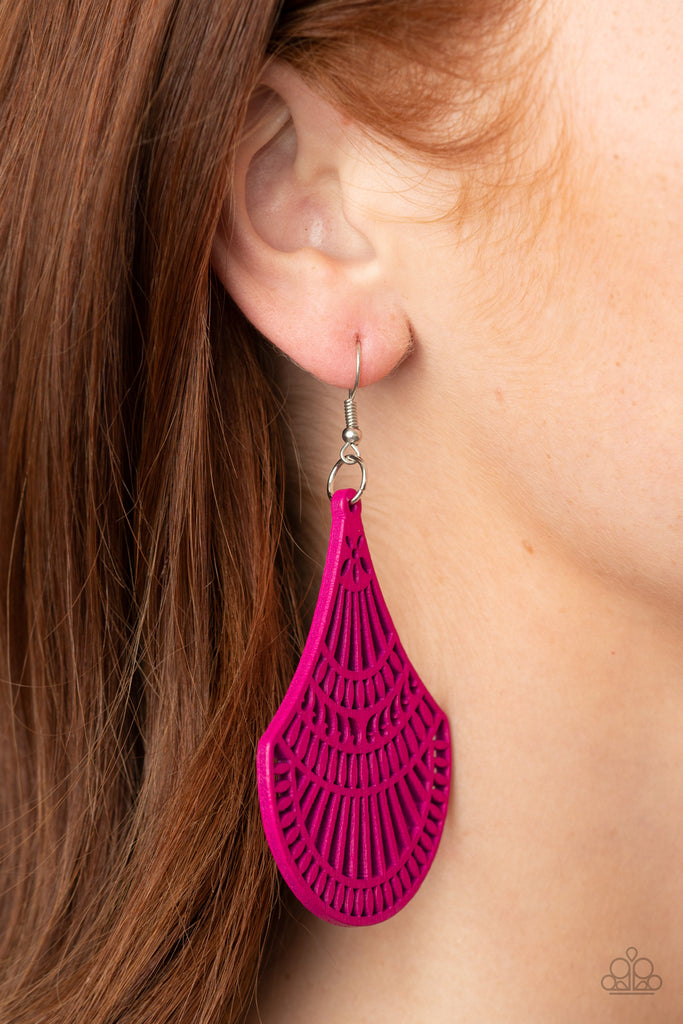 Painted in a vivacious Pink Peacock finish, a wooden teardrop-like frame is cut into an airy stenciled pattern for a colorfully seasonal look. Earring attaches to a standard fishhook fitting.  Sold as one pair of earrings.