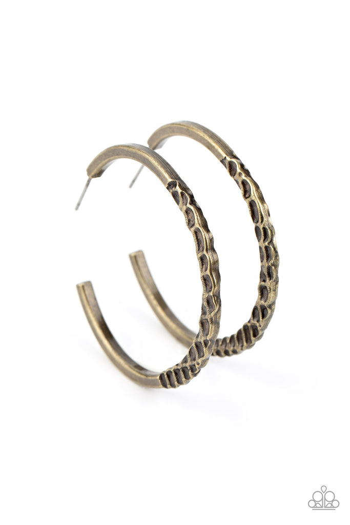 Imprinted Intensity - Brass Hoop Earring-Paparazzi - The Sassy Sparkle