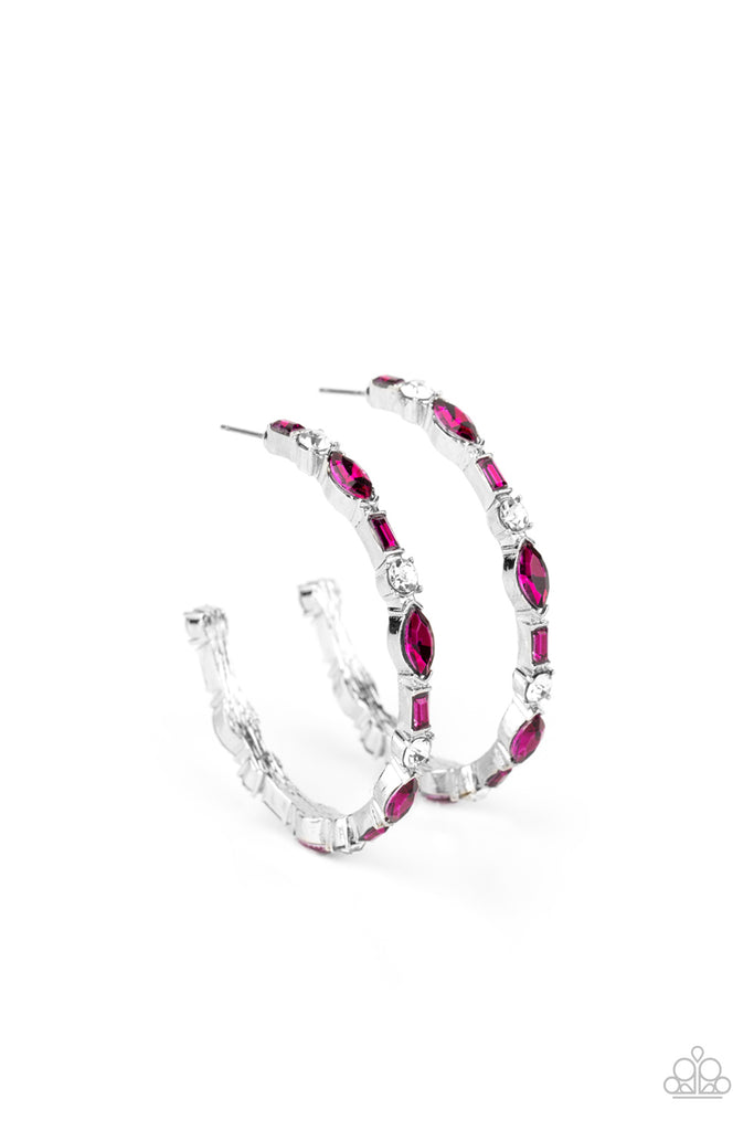 Featuring round, emerald, and marquise style cuts, a glittery collection of pink and white rhinestones coalesce into a sparkly hoop for a glamorous finish. Earring attaches to a standard post fitting. Hoop measures approximately 2" in diameter.  Sold as one pair of hoop earrings.