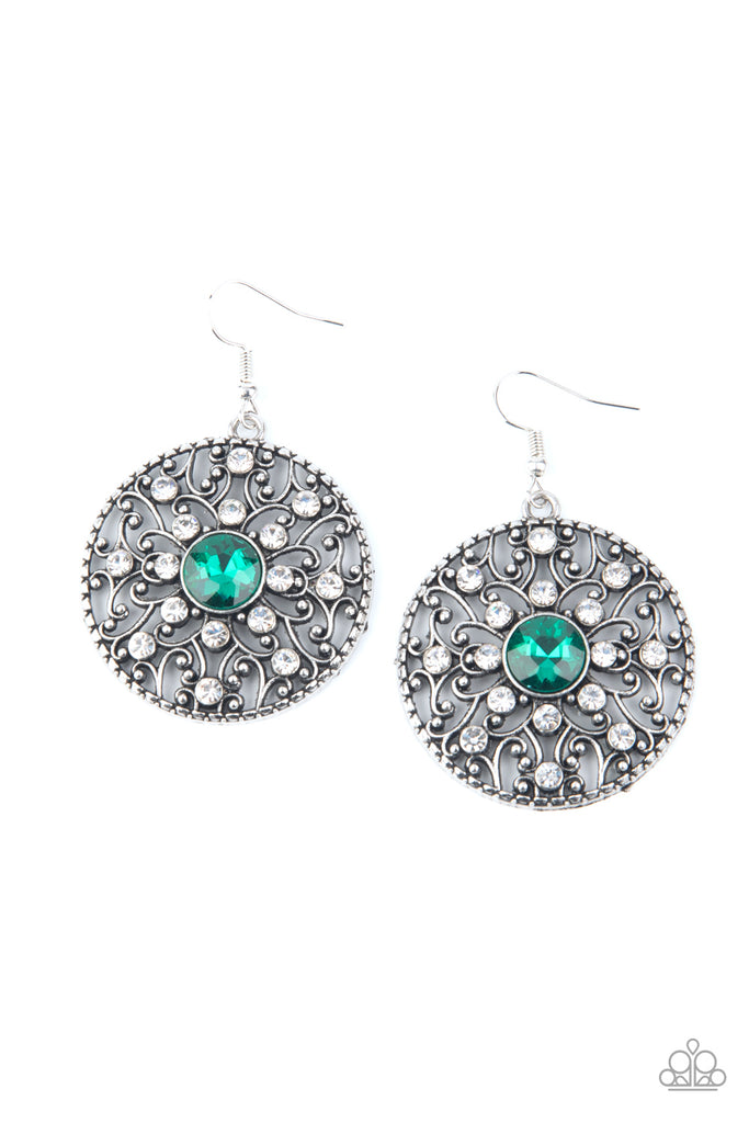 glow-your-true-colors-green  Dotted in glassy white rhinestones, a backdrop of studded silver vine-like filigree climbs a circular frame. An oversized green rhinestone embellishes the center for a whimsical finish. Earring attaches to a standard fishhook fitting.  Sold as one pair of earrings.