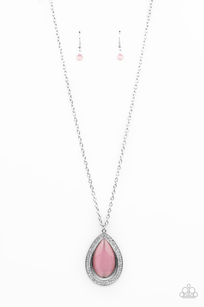 you-dropped-this-pink An oversized pink cat's eye teardrop attaches to the top of a silver teardrop frame encrusted in glassy white rhinestones at the bottom of a lengthened silver chain, creating a glamorous pendant. Features an adjustable clasp closure.  Sold as one individual necklace. Includes one pair of matching earrings.