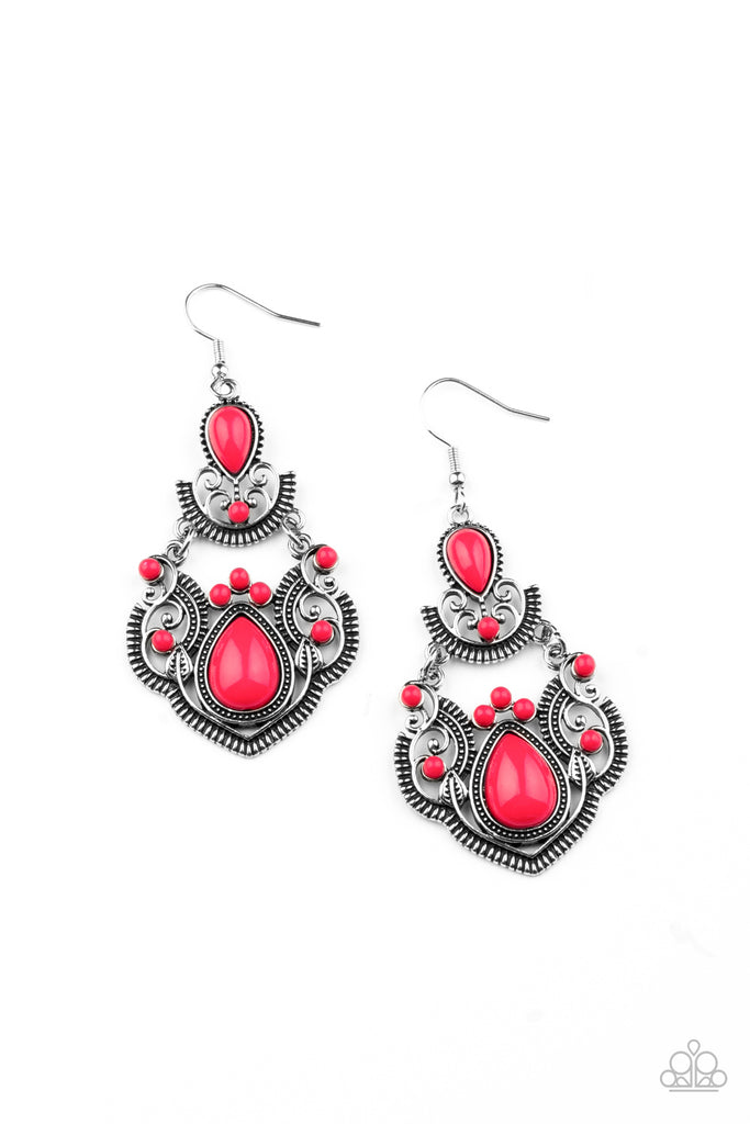 Dotted with round and teardrop pink beads, a stacked silver frame radiating with studded and linear detail swings from the ear for a colorfully regal look. Earring attaches to standard fishhook fitting.  Sold as one pair of earrings.