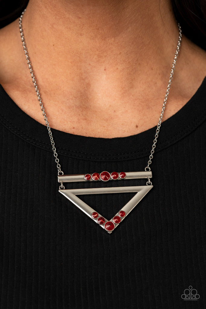 Dotted in oversized red rhinestones, a shiny silver bar and glistening silver triangular frame link below the collar for a sparkly stacked look. Features an adjustable clasp closure.  Sold as one individual necklace. Includes one pair of matching earrings.