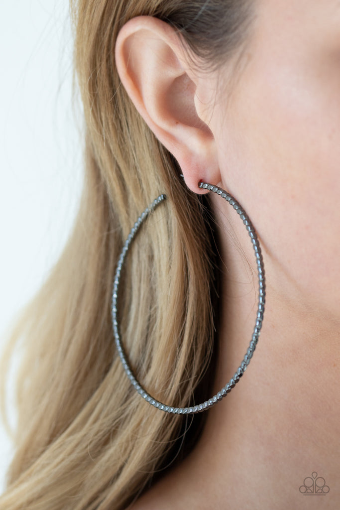 Pump Up The Volume - Black Gunmetal Post Hoop Earring-Paparazzi