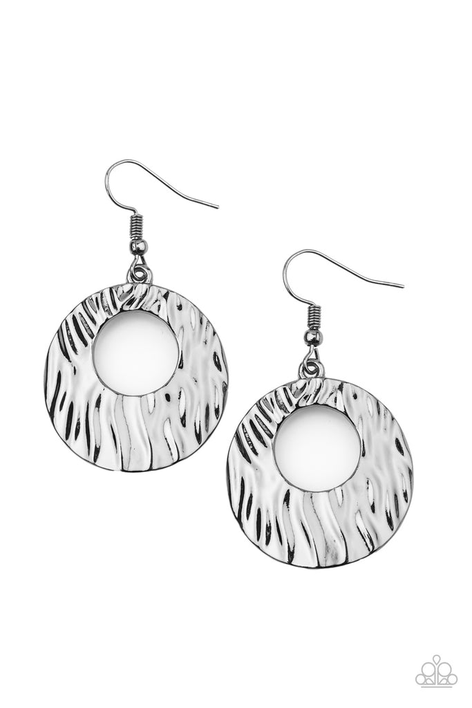 Rippling with texture, a beveled gunmetal circular frame swings from the ear for a radiant look. Earring attaches to a standard fishhook fitting.  Sold as one pair of earrings.  