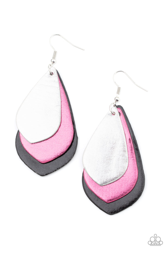 GLISTEN Up! - Multi (Silver/Pink/Black) Leather Earring-Paparazzi