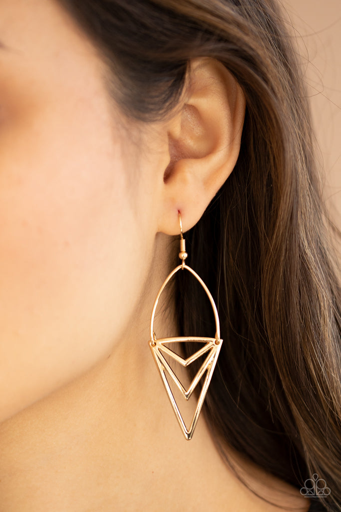 Attached to a dainty gold wire fitting, an edgy triangular frame swings from the ear for a bold tribal look. Earring attaches to a standard fishhook fitting.  Sold as one pair of earrings.