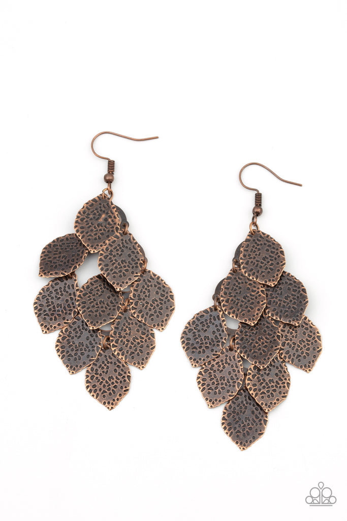 Hammered in antiqued details, leafy copper frames cascade from the ear, creating a rustic lure. Earring attaches to a standard fishhook fitting.  Sold as one pair of earrings.