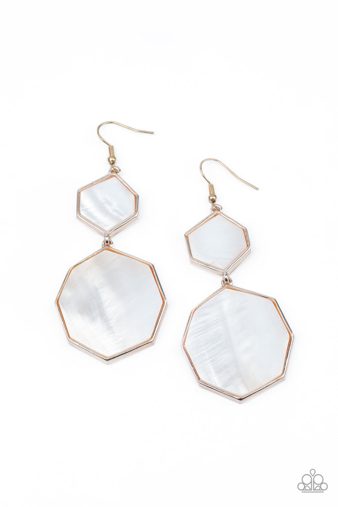 Encased in sleek rose gold frames, white shell-like hexagonal frames link into a whimsical lure. Earring attaches to a standard fishhook fitting.  Sold as one pair of earrings.