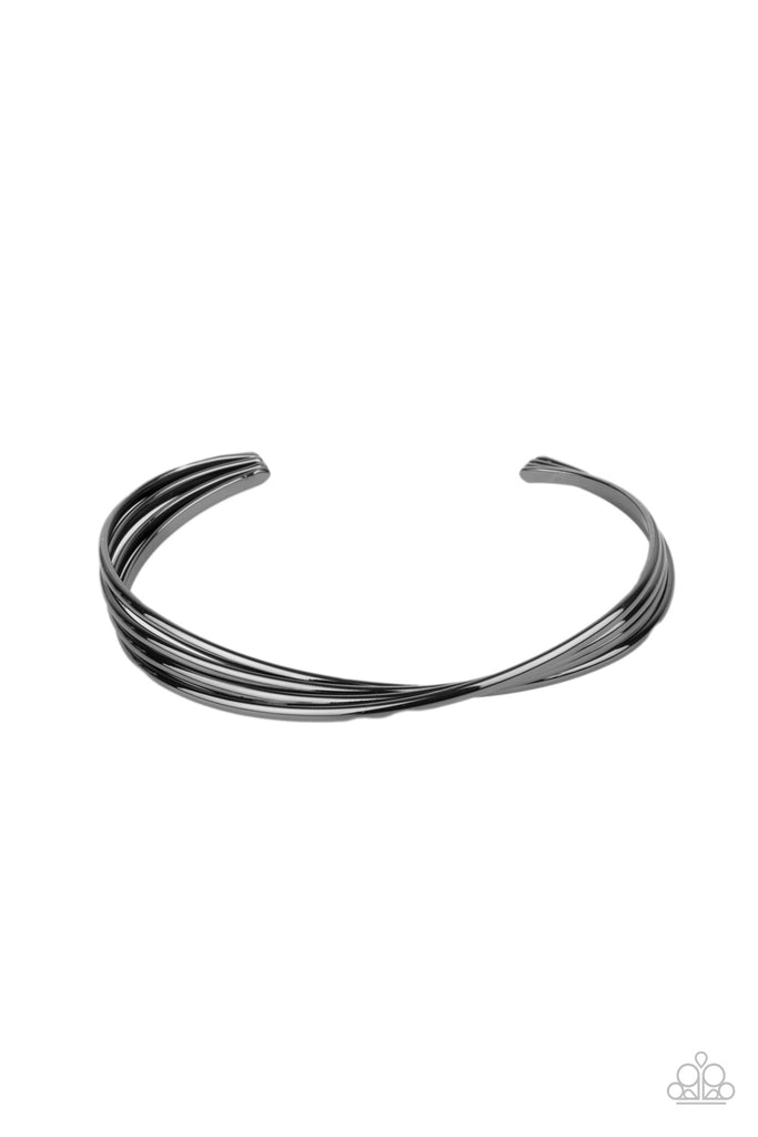 A stack of four glistening gunmetal bars delicately twist at the center as they delicately layer into a dainty cuff around the wrist.  Sold as one individual bracelet.