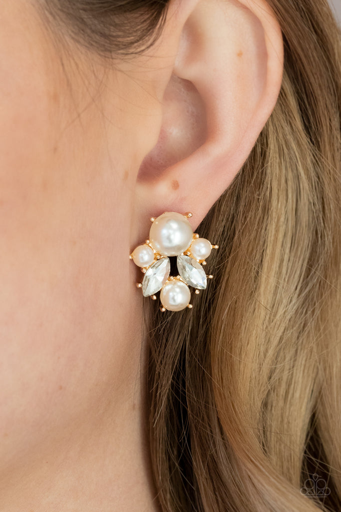 Featuring glistening gold fittings, a royal collection of bubbly pearls and glassy marquise white rhinestones delicately cluster into an elegant frame. Earring attaches to a standard post fitting.  Sold as one pair of post earrings.  