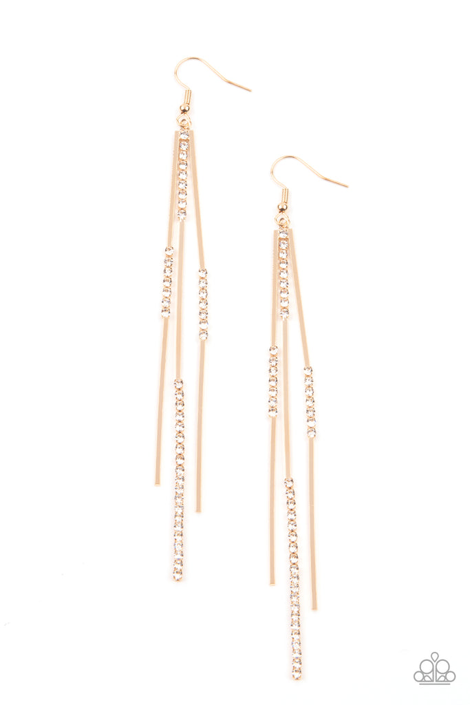 Sections of glassy white rhinestones attach to dainty gold rectangular rods, creating a statement-making tassel. Earring attaches to a standard fishhook fitting.  Sold as one pair of earrings.