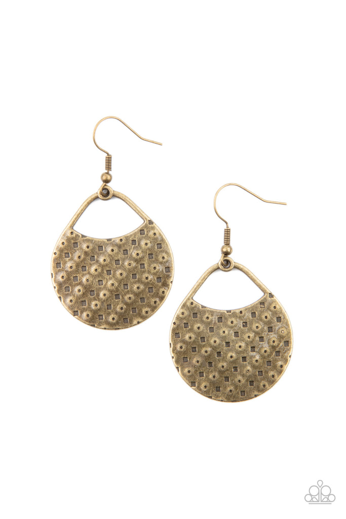 The front of a uniquely shaped brass frame is stamped and hammered in slanting rows of square and dotted patterns for a one-of-a-kind look. Earring attaches to a standard fishhook fitting.  Sold as one pair of earrings.  New Kit