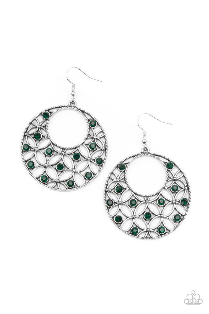 Dotted with glittery green rhinestones, an airy backdrop of antiqued flowers climb a studded silver hoop for a whimsical look. Earring attaches to a standard fishhook fitting.  Sold as one pair of earrings.