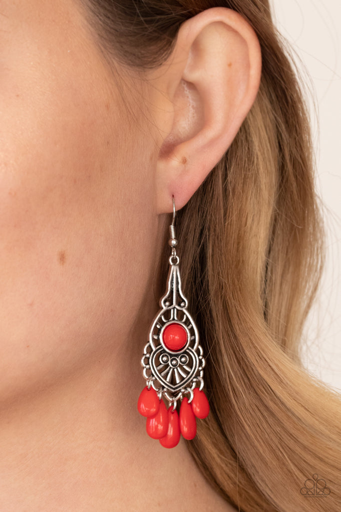 Fiery red teardrop beads swings from the bottom of an ornately studded silver frame featuring a bubbly red beaded center for a fruity finish. Earring attaches to a standard fishhook fitting.  Sold as one pair of earrings.