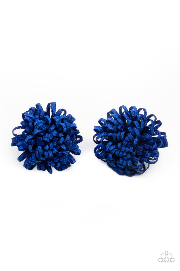 Shimmery blue ribbon curls into a pair of bouncy blossoms for a colorful springtime look. Each flower features a standard hair clip on the back.  Sold as one pair of hair clips.
