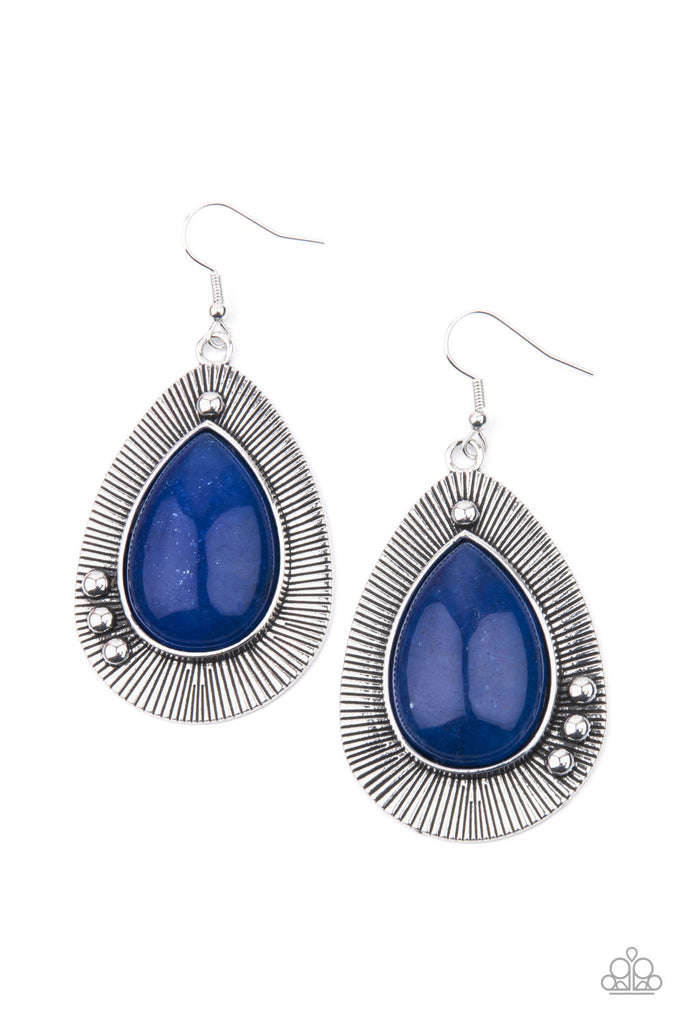 western-fantasy-blue  Chiseled into a tranquil teardrop, a shimmery French Blue stone bead is pressed into the center of a rustically studded silver frame radiating with antiqued detail for a southwestern flair. Earring attaches to a standard fishhook fitting.  Sold as one pair of earrings.  also available in BLACK 