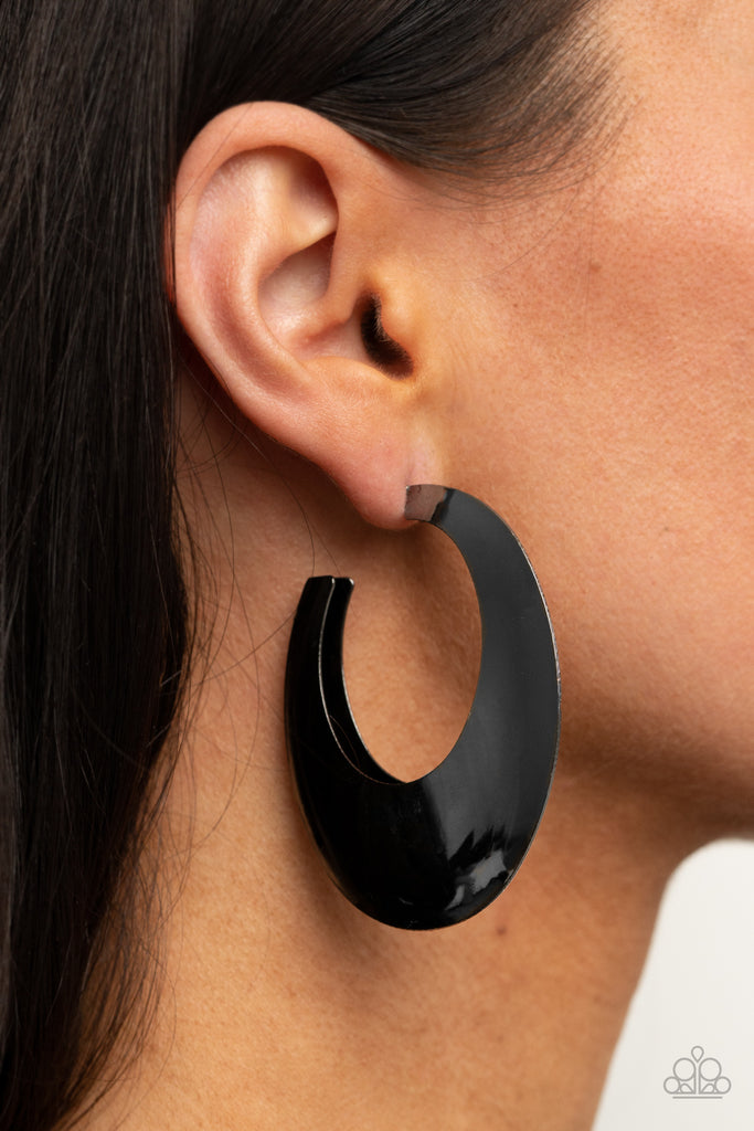 Going OVAL-board - Black Gunmetal Post Hoop Earring-Paparazzi