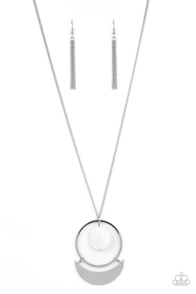 moonlight-sailing-white A white shell-like disc swings from the top of a flat silver hoop at the bottom of a lengthened silver chain. A flat silver crescent frame swings from the bottom of the display, creating a sleekly stacked pendant. Features an adjustable clasp closure.  Sold as one individual necklace. Includes one pair of matching earrings.